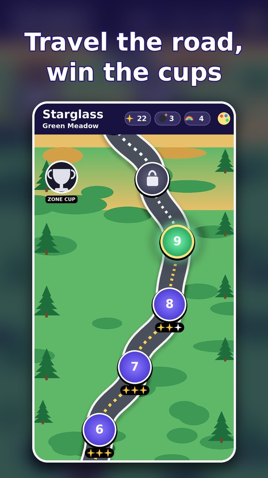 The level map: a road winding through a green meadow, with a cup at level ten.